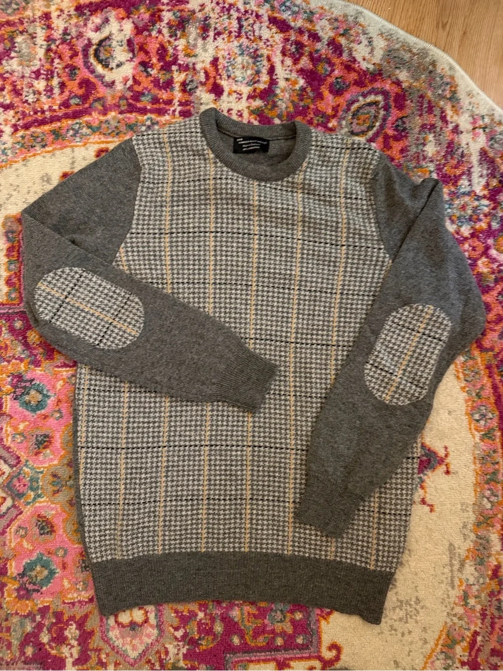 Men's Grey Houndstooth Crewneck Sweater with Elbow Patches
